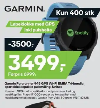 XXL Sport Garmin Forerunner 945 GPS Wi-Fi EMEA Tri-bundle, sportsklokkepakke pulsmåling, Unisex tilbud