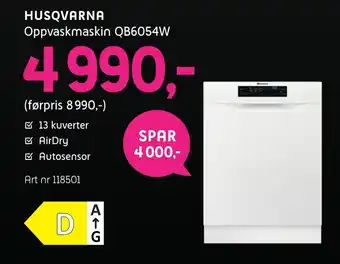 ELON Husqvarna oppvaskmaskin qb6054w tilbud