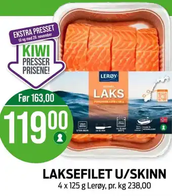 Kiwi LAKSEFILET U/SKINN 4 x 125 g Lerøy tilbud