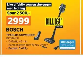 POWER BOSCH TRÅDLØS STØVSUGER BCS82G31 tilbud