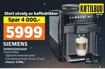POWER SIEMENS ESPRESSOMASKIN TE651319RW tilbud