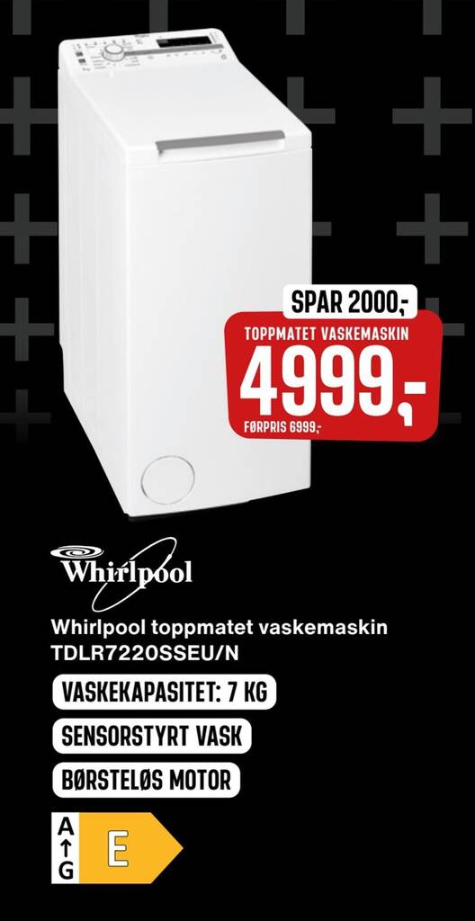 Skousen Whirlpool toppmatet vaskemaskin tdlr7220sseu/n tilbud