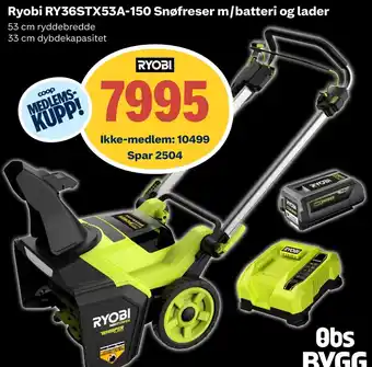 Coop Obs Ryobi RY36STX53A-150 Snøfreser m/batteri og lader tilbud