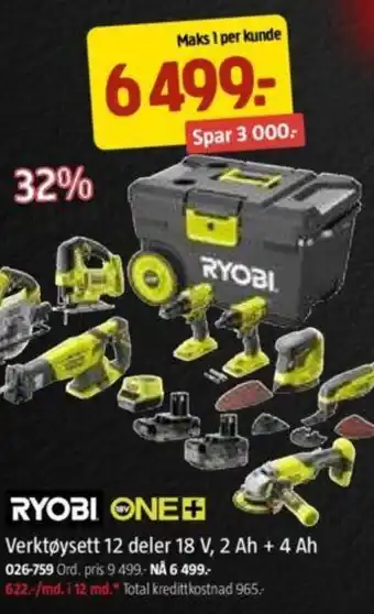 Jula RYOBI ONE+ Verktøysett 12 deler 18 V, 2 Ah + 4 Ah tilbud