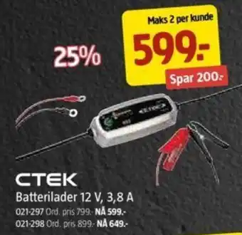 Jula CTEK Batterilader 12 V, 3,8 A tilbud