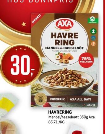 Bunnpris HAVRERING Mandel/hasselnøtt 350g Axa tilbud