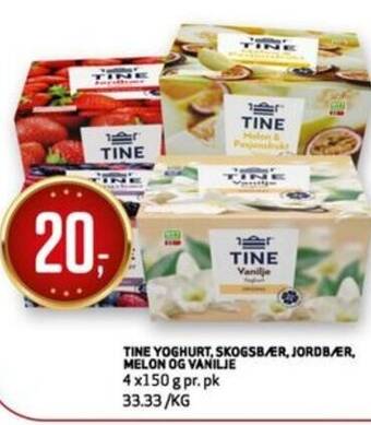 Bunnpris TINE YOGHURT. SKOGSBÆR, JORDBÆR, MELON OG VANILJE tilbud