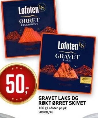 Bunnpris GRAVET LAKS OG RØKT ØRRET SKIVET 100 g Lofoten tilbud