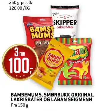Bunnpris Bamsemums, smørbukk original, lakrisbåter og laban seigmenn tilbud