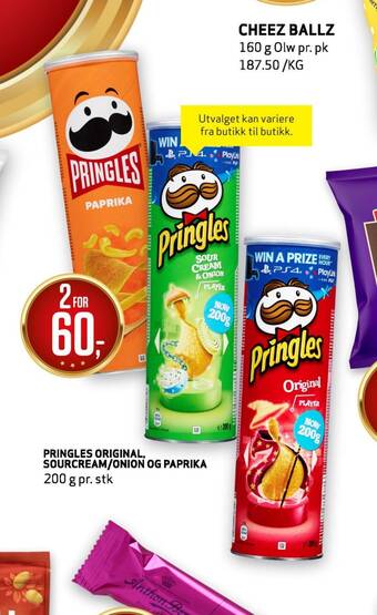 Bunnpris Pringles original, sourcream/onion og paprika tilbud