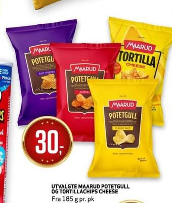 Bunnpris UTVALGTE MAARUD POTETGULL OG TORTILLACHIPS CHEESE tilbud