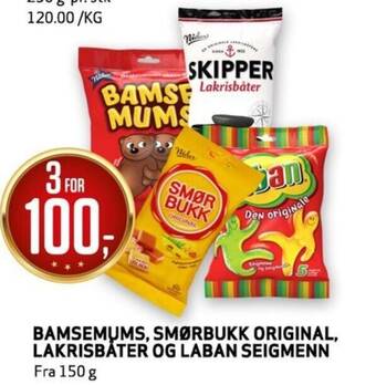 Bunnpris BAMSEMUMS, SMØRBUKK ORIGINAL, LAKRISBÅTER OG LABAN SEIGMENN tilbud