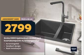 Megaflis Grohe K500 kjøkkenkum dobbel sort kvartskompositt m/avløpsgarnityr tilbud