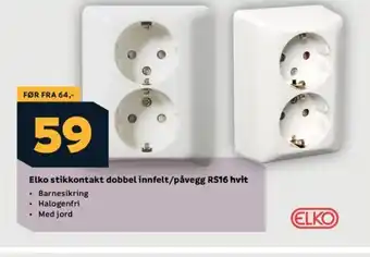 Megaflis Elko stikkontakt dobbel innfelt/påvegg RS16 hvit tilbud