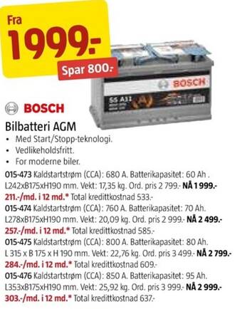 Jula BOSCH Bilbatteri AGM tilbud