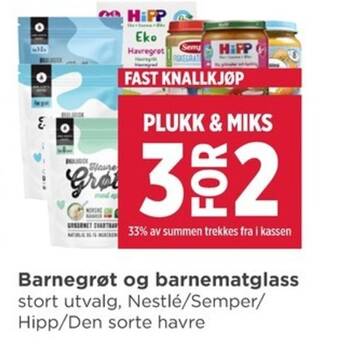 Meny Barnegrøt og barnematglass stort utvalg, Nestlé/Semper/ Hipp/Den sorte havre tilbud