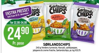 Kiwi SØRLANDSCHIPS 240 g Verdens tynneste, Havsalt, salt&pepper, jalapeno & creme fraiche, Sørlandschips tilbud
