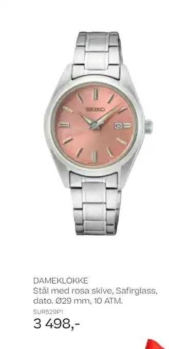 Bjørklund Dameklokke stål med rosa skive, safirglass, dato. ø29 mm, 10 atm tilbud