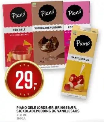 Bunnpris PIANO GELE JORDBÆR, BRINGEBÆR, SJOKOLADEPUDDING OG VANILJESAUS tilbud