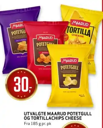 Bunnpris UTVALGTE MAARUD POTETGULL OG TORTILLACHIPS CHEESE tilbud