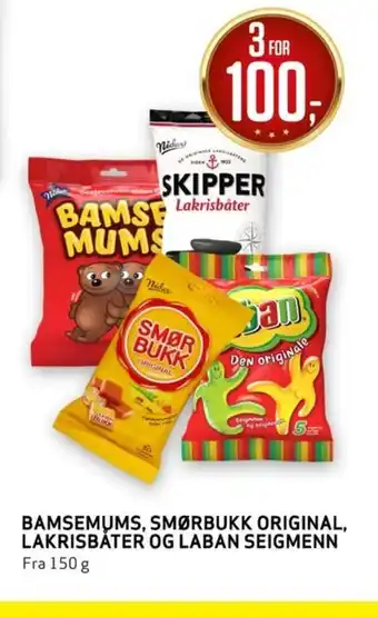 Bunnpris BAMSEMUMS, SMØRBUKK ORIGINAL, LAKRISBÅTER OG LABAN SEIGMENN tilbud