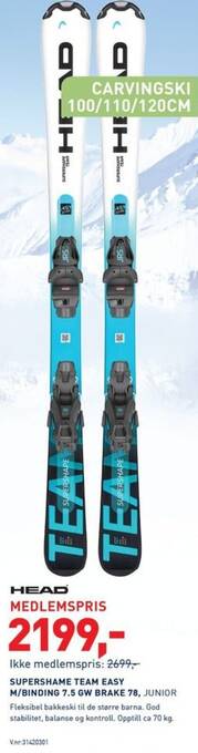 Intersport SUPERSHAME TEAM EASY M/BINDING 7.5 GW BRAKE 78, JUNIOR tilbud