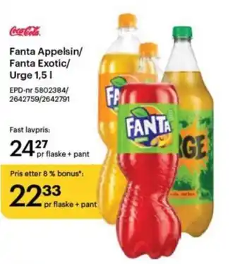 Storcash Fanta Appelsin/ Fanta Exotic/ Urge 1,5 I tilbud
