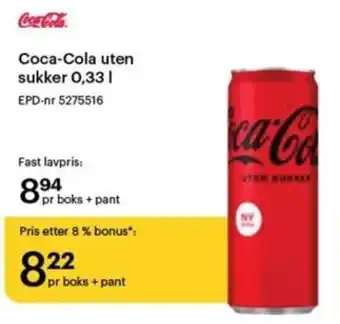 Storcash Coca-Cola uten sukker 0,33 l tilbud