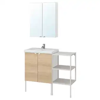 IKEA Enhet / tvällen baderomsmøbler, 14 deler, eikemønstret/hvit pilkån blandebatteri, 102x43x87 cm tilbud