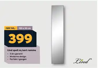 Megaflis Lind speil m/sort ramme tilbud