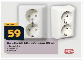 Megaflis Elko stikkontakt dobbel innfelt/påvegg rs16 hvit tilbud