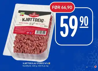 Rema 1000 KJØTTDEIG AV STORFE 14% Nordfjord, 400 g, 149,75 pr. kg tilbud