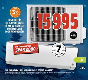 Coop Obs Wilfa narvik 25 v2 varmepumpe, ferdig montert tilbud