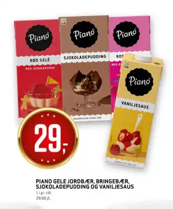Bunnpris Piano gele jordbær, bringebær, sjokoladepudding og vaniljesaus tilbud