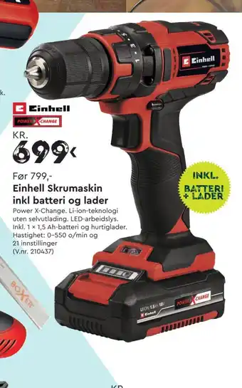 Mekk Einhell Skrumaskin inkl batteri og lader tilbud