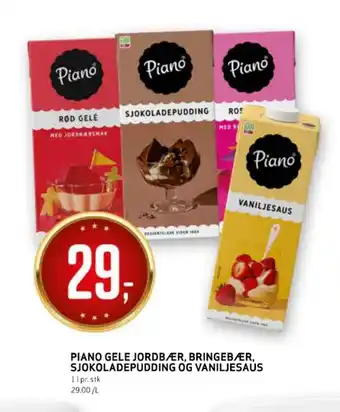 Bunnpris Piano gele jordbær, bringebær, sjokoladepudding og vaniljesaus tilbud