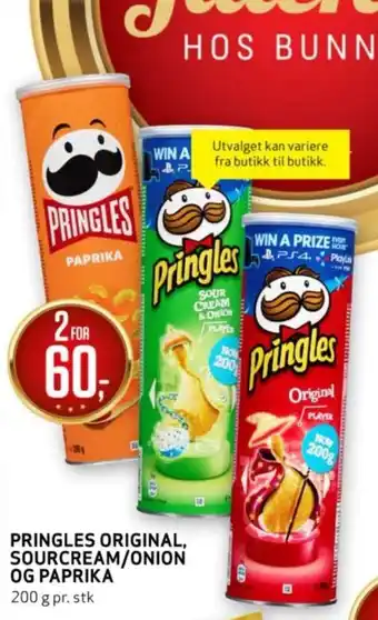 Bunnpris PRINGLES ORIGINAL, SOURCREAM/ONION OG PAPRIKA tilbud