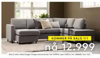 Skeidar Oslo u-sofa i tekstil hygge 11 beige med sorte ben tilbud