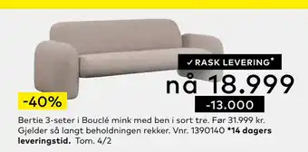 Skeidar Bertie 3-seter i bouclé mink med ben tilbud