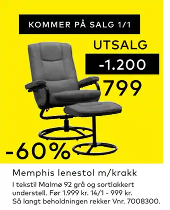 Skeidar Memphis lenestol m/krakk tilbud