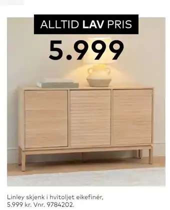 Skeidar Linley skjenk i hvitoljet eikefinér tilbud