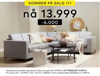 Skeidar Scandinavia vendbar hjørnesofa i rocco lys grå tilbud