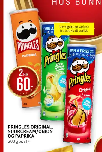 Bunnpris Pringles original, sourcream/onion og paprika tilbud