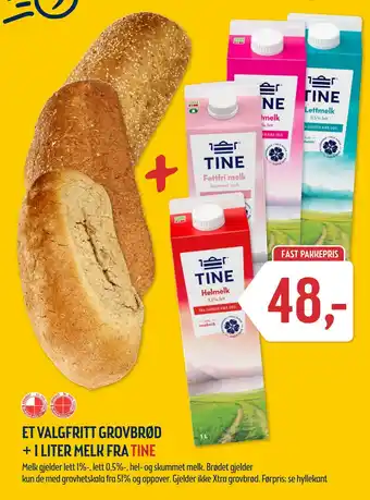 Coop Prix Et valgfritt grovbrød + 1 liter melk fra tine tilbud