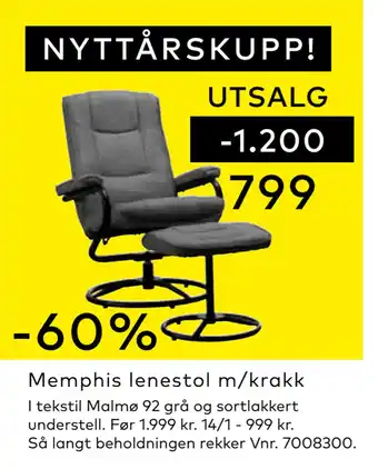 Skeidar Memphis lenestol m/krakk tilbud
