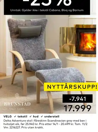 Skeidar Delta adventure stol i fåreskinn scandinavian grey med ben i hvitoljet eik tilbud