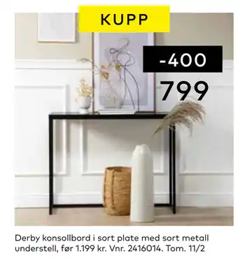 Skeidar Derby konsollbord i sort plate med sort metall understell tilbud
