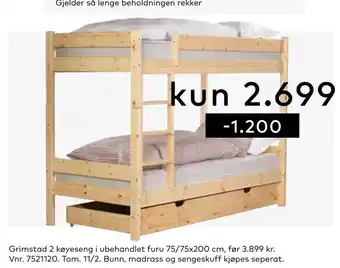 Skeidar Grimstad 2 køyeseng i ubehandlet furu tilbud
