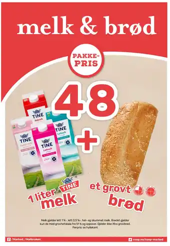 Coop Marked 1 liter tine melk + et grovt brød tilbud