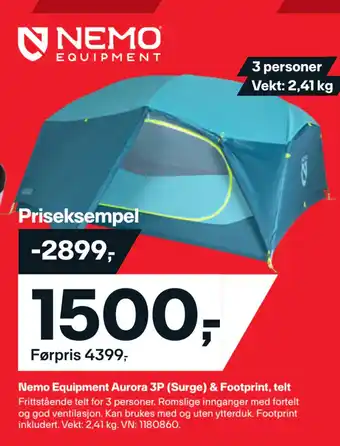 XXL Sport Nemo equipment aurora 3p (surge) & footprint, telt tilbud